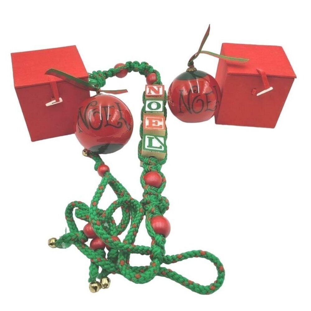 Vintage Christmas Noel Macrame Bell Wooden Blocks 2 Red Ball Ornaments Lot 3
